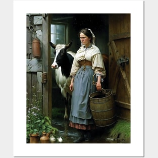 Vintage Oil Painting of Farm Girl and Cow Posters and Art